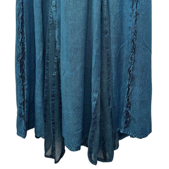 Pyramid Collection Embroidered Renaissance Maxi Dress Size L Blue Bust Tie Goth - Picture 5 of 11